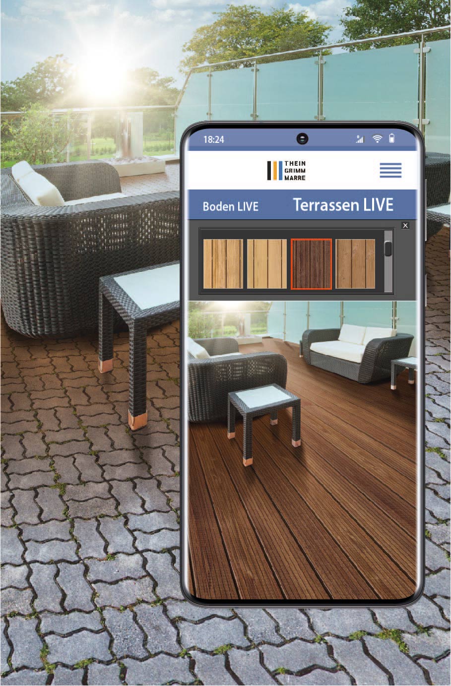 Smartphone - darauf ist Terrasse LIVE abgebildet - ein Service von Thein Grimm Marre, um die perfekten Terrassendielen für das eigene Zuhause zu finden